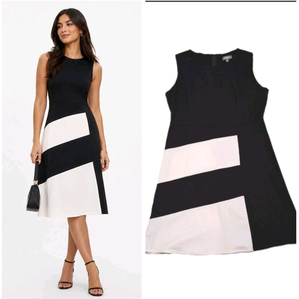 Neiman Marcus Black Midi Dress Size XL White Colorblock Sleeveless Geometric